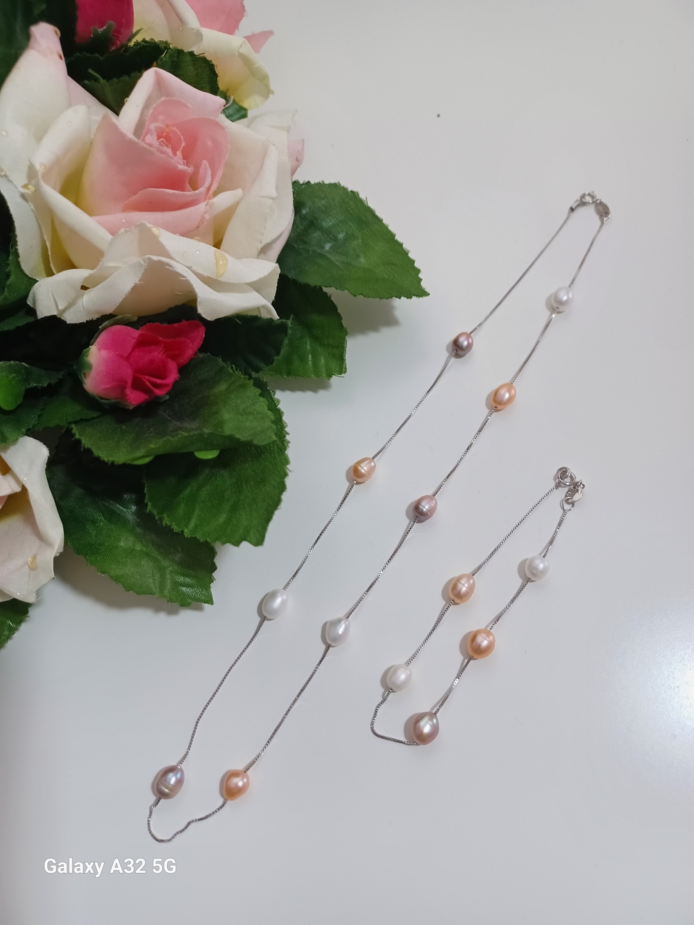 925 Sterling Silver Multicolor Freshwater Pearl Station Necklace 18" Bracelet 7"